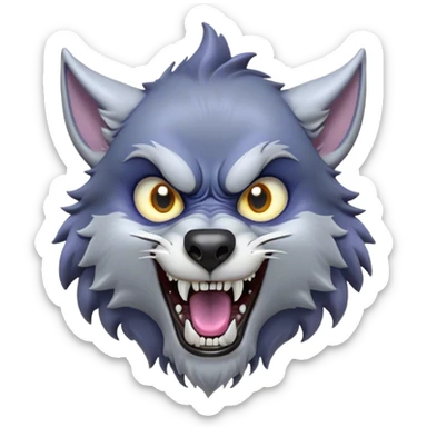 Cinematic Comical Werewolf Portrait Emoji, with a whimsically exaggerated lupine face in vivid moonlit grays and silvers, head cocked in a dramatically shocked expression with comically oversized, wide eyes and a playful snarl, simplified yet hilariously expressive, highly detailed with a soft cartoonish glowing outline capturing the mischievous humor of a werewolf mid-transformation! sticker