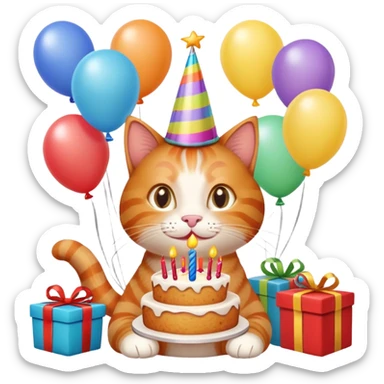 Ginger cat celebrates birthday, birthday hat, birthday cake, balloons, happy, gifts sticker