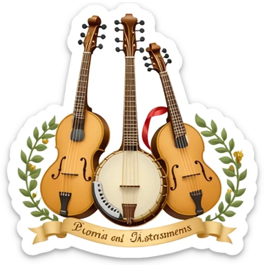 Design a complex, festive, and professional emblem-like emoji representing plucked string instruments. The composition should resemble a heraldic crest, featuring iconic instruments like a banjo, mandolin, domra, and sitar, artistically arranged in a balanced and symmetrical layout. The necks of the instruments should extend upward, intertwining with a flowing ribbon of musical notes, which weaves elegantly around the strings and headstocks. The design should incorporate intricate details, such as carved patterns on the instruments and decorative fretboards, while maintaining clarity and recognizability. Use a rich and celebratory color palette with gold, deep brown, and vibrant accents, adding subtle highlights and shadows for a polished, three-dimensional look. Include ornate elements like laurels, swirls, or subtle engraving to enhance the emblematic feel. The background should be transparent to highlight the composition as a standalone emblem. sticker