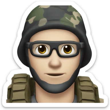 male, pale skin, call of duty black face mask, camo tactical gear, combat boots, black beanie, blue eyes sticker