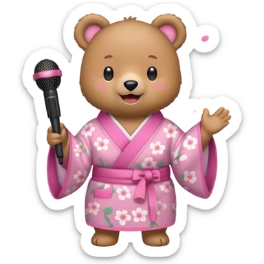 A cute light-brown bear wearing a pastel pink sakura-patterned kimono, normal balanced body ratio.  
Holding a microphone and singing happily, music notes floating around and a bright joyful smile.  
Kawaii emoji style, minimalistic clean sticker illustration, white background. sticker