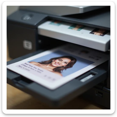 realistic thumbnail image for a passport size photo printing service, showing a modern printer with many printed passport photos, one photo in the foreground is highlighted and in sharp focus sticker