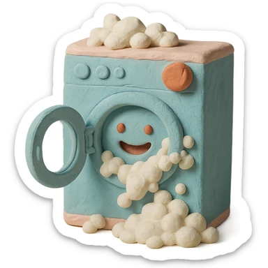 playful washing machine in claymation style with bubbly soap and open door, pastel colors sticker