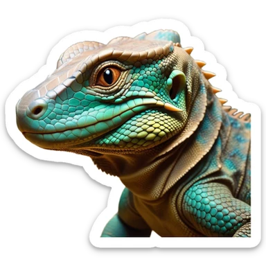 Cinematic Cute Komodo Dragon Lizard Portrait Emoji, Head tilted playfully and inquisitively, with a sleek, scaled form accented by vibrant hues and curious, sparkling eyes, Simplified yet irresistibly adorable features, highly detailed, glowing with a warm, lively glow, high shine, affectionate and spirited, stylized with a touch of exotic charm, bright and endearing, soft glowing outline, capturing the essence of a mischievous yet captivating lizard that seems poised to scurry out of the screen into your heart! sticker