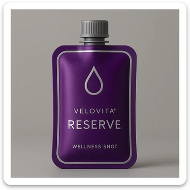 A compact, high-end purple wellness shot pouch with silver trim and a droplet icon, symbolizing VELOVITA® RESERVE antioxidant supplement, in a contemporary style. sticker