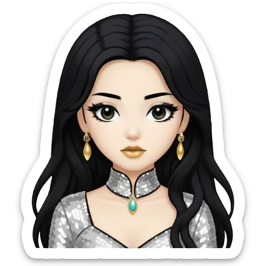 Anck Su Namun from Universal Monsters with long jet black hair, ivory sequin outfit  sticker