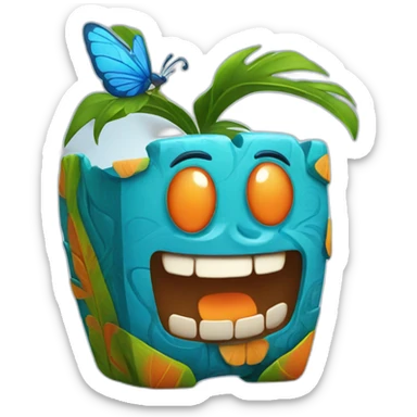 Cartoon Blue and orange smiling tiki with butterfly  sticker
