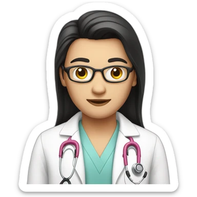 Long black straight hair doctor in pink undershirt white coat over  sticker