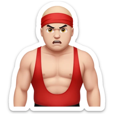 Close-up of white skin fat guy with young face, no muscle with prominent black durag, completely shaved face, no beard or mustache, black eyes in a red and black wrestling singlet with angry face sticker