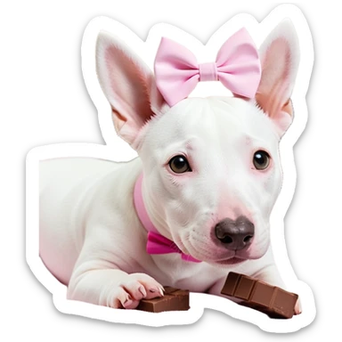 Need stickers with a mini bull terrier that is all white but has a brown spot around its right eye that goes a little towards the top of its head but not towards its ear. It is a girl dog so it needs to be cute on some stickers, like with a pink bow on its head. Need a sticker of it eating a chocolate bar. Of it eating crackers. Of it taking up the whole couch. Of it lying under the computer desk. sticker