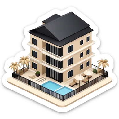 Isometric exterior little black, beige, and white resort hotel, modern dollhouse style 3D realistic  sticker