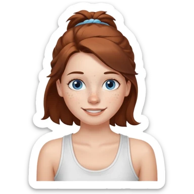 Una chica de tez blanca con pecas, nariz respingada, labios gruesos, ojos grandes color azul grisáceo, pelo largo, lacio, color castaño. Con una blusa de tirantes blanca. Que este sonriendo y q solo se vea de la cintura hacía arriba sticker