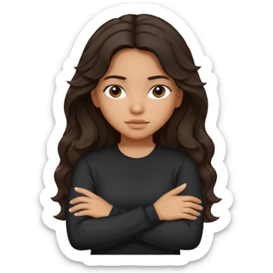 Hispanic girl dark long wavy hair crossing her arms with slight pout wearing a black long sleeve shirt sticker