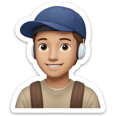 Only the head of a young guy with brown hair smiling with airpods in his ears and a cap on his head turned back. sticker