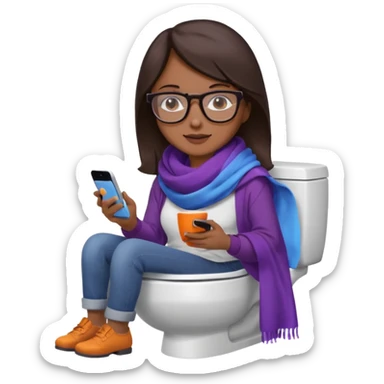Fille châtain foncé avec lunettes. Elle porte une grosse écharpe violette, bleu et orange. Elle assise dans une cuvette de toilette. Téléphone en main. Realiste sticker