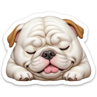Cinematic Meme-Worthy Chubby Sleeping White English Bulldog Portrait Emoji, Head resting peacefully with a contented smile, showcasing a delightfully chubby build and a luxuriously soft pure white coat, eyes shut in a serene nap, Simplified yet hilariously adorable features, highly detailed, glowing with a soft, drowsy light, high shine, relaxed and utterly lovable, stylized with an air of playful laziness, bright and heartwarming, soft glowing outline, capturing the essence of a comically sleepy guardian, so meme-worthy it feels like it could instantly become the next viral sensation of adorable slumber! sticker