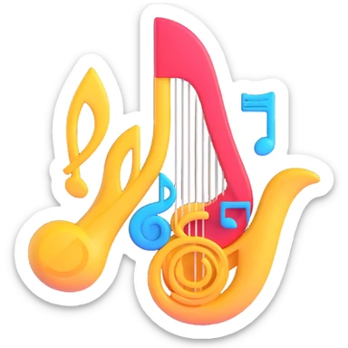 A 3D emoji showcasing a lyre at the center, adorned with bright, flowing shapes and icons of various art forms, including the text "МБУ центр досуга", in the style of Microsoft's 3D Fluent Emojis. sticker