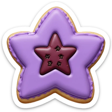 realistic pastel purple cookie with a soft, crumbly texture, fine surface cracks, matte baked finish, star-shaped jam cutout revealing glossy dark berry filling sticker