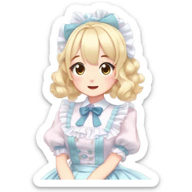 Gorgeous anime style girl blushing face maid outfit Lolita idol model colorful shiny sparkle kawaii pastelcore cottagecore pearly petite simplistic aesthetic trending style blonde hair sticker