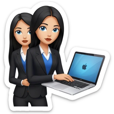 Model glamours tanned beautiful girl with pump nude lips and black straight long hair, straight hair parting, blue eyes with MacBook and black, black suit vest, V-neck sticker