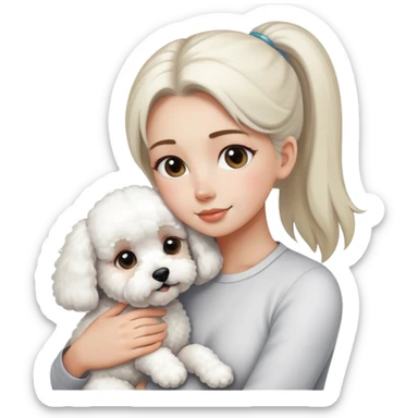 One long face girl with straight hair in a ponytail，hugging one Bichon frise sticker