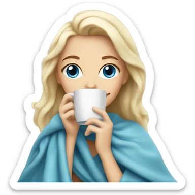 blonde girl with a White soft blanket sipping coffee blue eyes  sticker