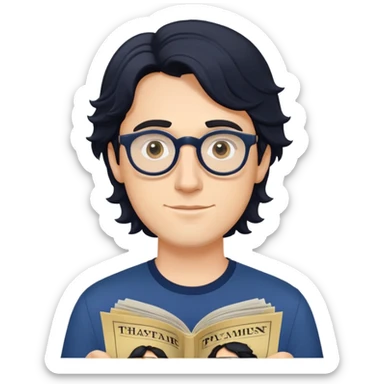 Young caucasian man with longer wavy black hair, round glasses, dark blue shirt, with theater playbill in hand sticker