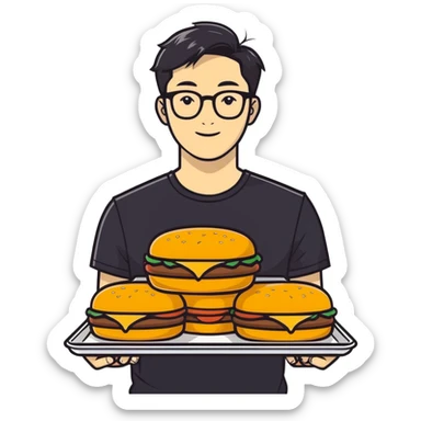 asian guy with glasses, curtain symmetrical middle parted hairstyle, wearing a black t-shirt, square jawline, holding a tray of cheeseburgers sticker
