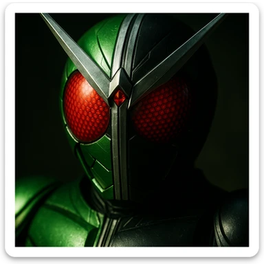 Kamen Rider W, close-up of helmet, split color design, dramatic lighting sticker