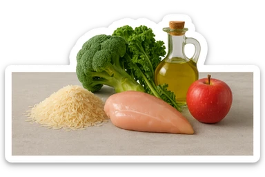 Riso basmati
Petto di pollo
Verdura fibrosa verde
Olio EVO
Mela
poggiati sul tavolo sticker