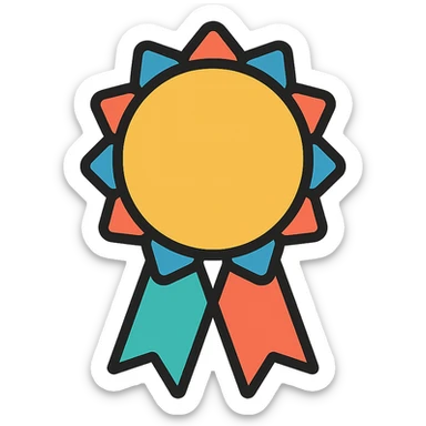 gold must have badge with colorful elements, elegant minimalist flat design, award badge style, 2D flat vector, trending icon look, soft shadows, no text, isolated on white background, commercial use sticker