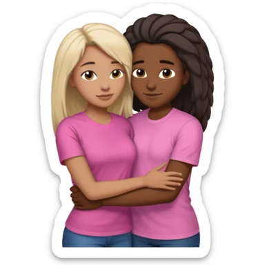 Black lesbian couple with one dark skin masculine with short hair low cut fade with a t shirt and one feminine with very long hair in a pink blouse hugging  sticker