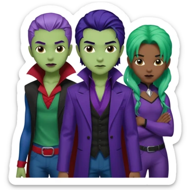 Solo poly platonic relationship, one African girl, one Asian boy, one biracial features Asian tomboy girl rat-tail hair long and upper masculine hair 90s, vampire and marvel cosplay elements inspired  use marvel colours, like instead of obvious human, green purple blue etc,  sticker