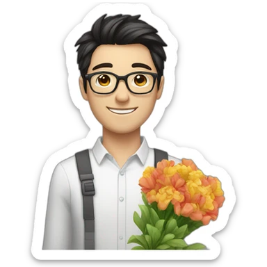white skin guy with dark hair and glasses gives ф bouquet of flowers sticker