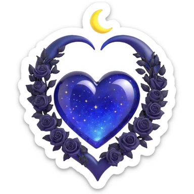 gothic heart made of midnight blue glass with a silver crescent moon, tiny black roses, shimmering stardust, magical glowing aura sticker