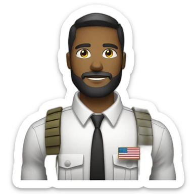 soldier with a beard, a part in hair, a white collared shirt, a bow tie, bulletproof vest with an american flag sticker