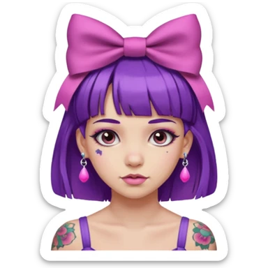 girl with bangs and purple hair and pink hairbow on the side of head and earrings and tattoos sticker