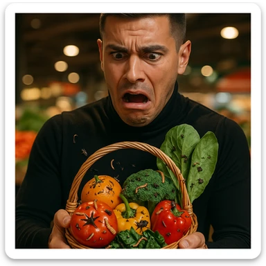 Create a realistic or semi-realistic style image of a 30-year-old man inspired by the reference image. He is holding a basket of fresh-looking fruits and vegetables with a shocked or disgusted expression as he notices parasites crawling on the produce. The produce is vibrant with visible worms, larvae, or tiny insects among the leaves and skin. The background is a market, kitchen, or garden setting. Emphasize strong textures and contrast between freshness and contamination, conveying a health-risk atmosphere. sticker