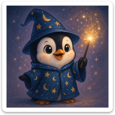 A cute penguin wizard with a starry robe and a glowing wand, casting a spell. sticker