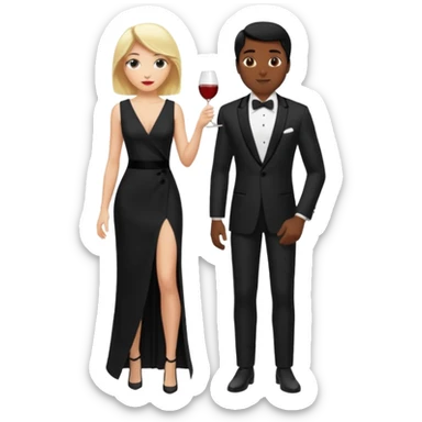Blonde woman, black, Long, tight, sleveless Dress, Slot left Leg, man, black Hair, in Dinner jacket, Background ballroom sticker