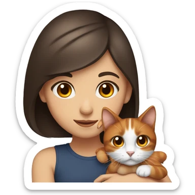 Brunette girl with brown eyes, holding a tricolor  black white and orange cat sticker