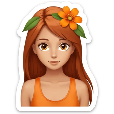pretty girl with hazel, almond shaped eyes, she las light a bit tanned skin, she has brown auburn hair straight and long lashes, she had orange flower in her head, and orange tank top, her hair is long length  sticker
