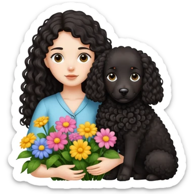 A long-haired girl holding a black curly-haired Tactic dog in the flowers sticker
