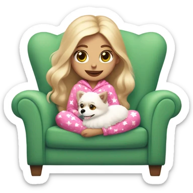 Girl blonder long hair mauve pink plump lips green eyes sitting in cozy chair wearing red and pink heart design on pjs holding a white Pomeranian sticker