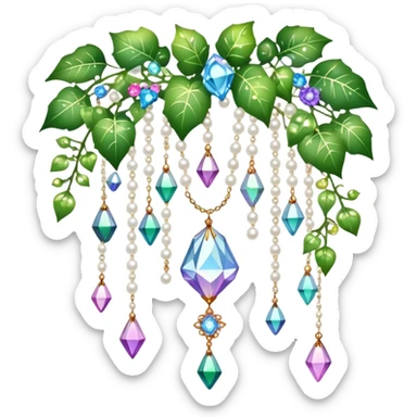 Exotic romantic Few cute tiny Iridescent glistening glossy sparkly shiny glittery hanging crystals pearls and beads and gemstones scenery scenic decorations with ivy and flowers sticker