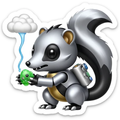 evil robot skunk with bacteria and fart cloud in samsung emoji style sticker