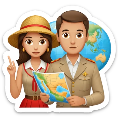 Russian man and elegant Spanish girl in vacation outfits with a map planning  sticker