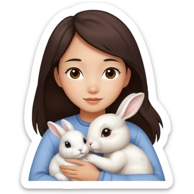 A young Asian woman with dark brown, almost Asian girl with dark brown hair, brown eyes, light Asian skin, hugging a white rabbit with light brown spots, soft and warm atmosphere.
  sticker