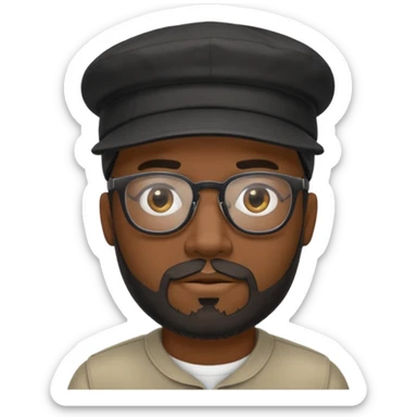 a dark guy with a goate and not bushy mustache and a beard and a cap worn backwards black too wearing glasses sticker