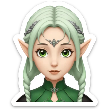 Haz un emoji de una chica con piel blanca ojos marrones y verdes nariz puntiaguda orejas de fae labios finos pelo plateado con un recogido y ropa de cuero negra sticker